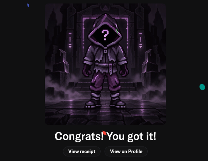 A pixel art graphic of a hooded figure with a question mark for a face standing before a glowing purple portal, accompanied by the text "Congrats! You got it!" and buttons to "View receipt" or "View on Profile."