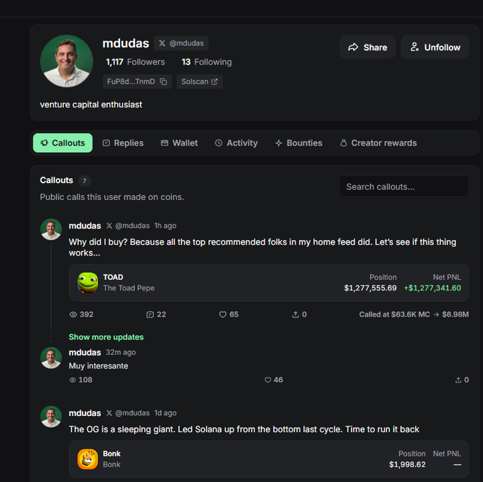 The image shows the Callouts page of user "mdudas" (@mdudas), a venture capital enthusiast with 1,117 followers, displaying public trading calls made on coins. The top callout highlights a position in "TOAD - The Toad Pepe" token with a Net PNL of +$1,277,341.60, called at $63.6K MC and reaching $6.98M, directly corresponding to the post referencing PUMP investor mdudas's call on $TOAD.