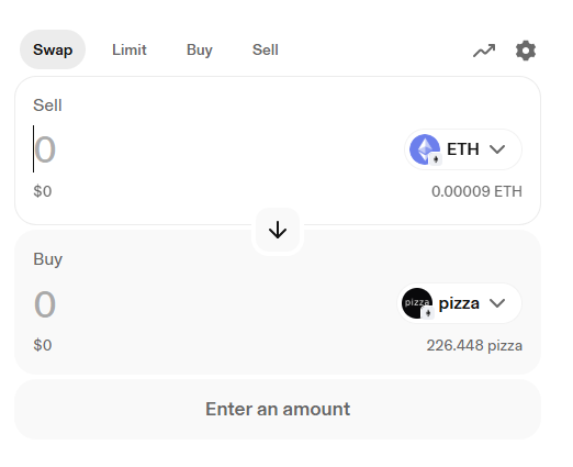 Cryptocurrency swap interface allowing users to trade ETH for pizza tokens, with tabs for Swap, Limit, Buy, and Sell options.
