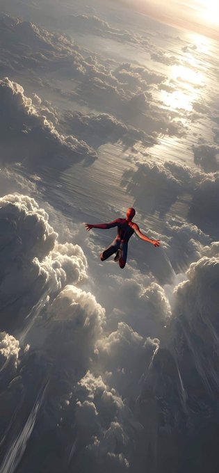 A cinematic render of Spider-Man in his classic red and blue suit skydiving or free-falling through bright, sunlit clouds.