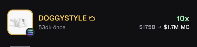 A screenshot of a cryptocurrency token called 'DOGGYSTYLE' with a Solana logo, showing 53dk önce, 10x multiplier, and a market cap change from $175B to $1.7M.