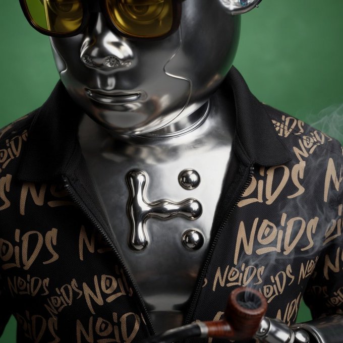 A close-up of a chrome/metallic humanoid figure wearing yellow-tinted sunglasses and a black shirt with repeating 'NeiDs' text, holding what appears to be a smoking pipe against a green background.