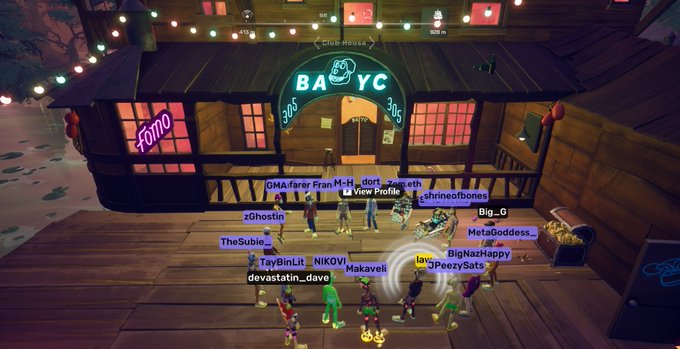A screenshot from the game 'The 8102' shows multiple player avatars gathered in front of 'CLUB BAYC' with name tags visible like 'iGMA.farer', 'Fr@n M-H', and 'MetaGoddess'.