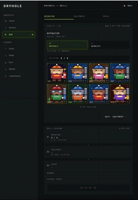 A screenshot of the DRYHOLE web application interface showing a 'Drill' workspace with pixel-art character NFT operators available for selection under the 'Genesis' and 'Dryhole' collections.