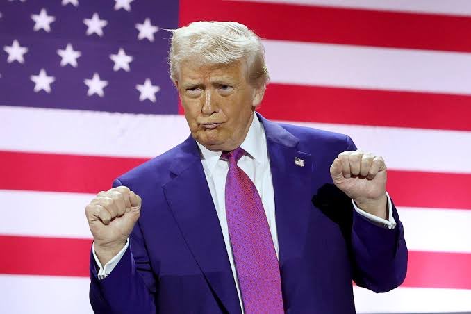 The image features a man dressed in a purple suit standing in front of an American flag with his arms raised up in the air. The man appears to be making a funny face or gesture while wearing the suit, which suggests that he might be expressing humor or playfulness. The caption reads "People ask me all the time, they say, 'Sir, what's the biggest opportunity in crypto?', and I tell them, it's Solana Perps. Tremendous opportunity. Nobody has ever seen anything like it." This statement is likely a reference to the cryptocurrency project Solana, which was created by the Winklevoss twins for Bitcoin. The man's expression and attire could be interpreted as him making a joke or lighthearted comment about the comparison between the American flag and the potential opportunities in the crypto world.