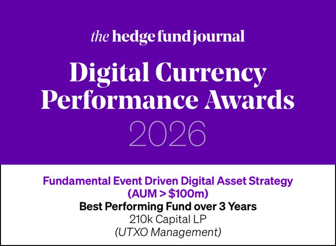 The image features a purple background with white text that reads "THE HEDGE FUND JOURNAL Digital Currency Performance Awards 2026". The text also mentions an event driven digital asset strategy, which is about the best performing fund over 3 years.
