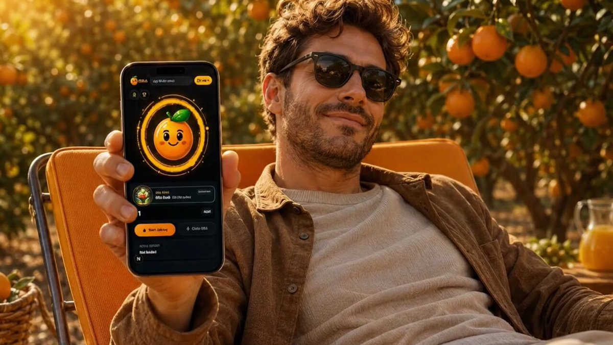 The image features a man sitting in an orange chair, holding up his phone displaying an app called "Algorithand" with a cartoon character of an orange on the screen. The man appears to be smiling while showing off the app. The post is about a new app called "Algorithand" that allows users to mine for rank and compete against others in the Algo community, which is related to the ORA Juicer app.