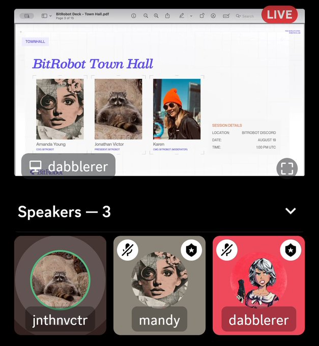 A livestream interface showing a 'BitRobot Town Hall' PDF document on the screen, with three speakers listed below: 'jnthnvctr', 'mandy', and 'dabblerer'.