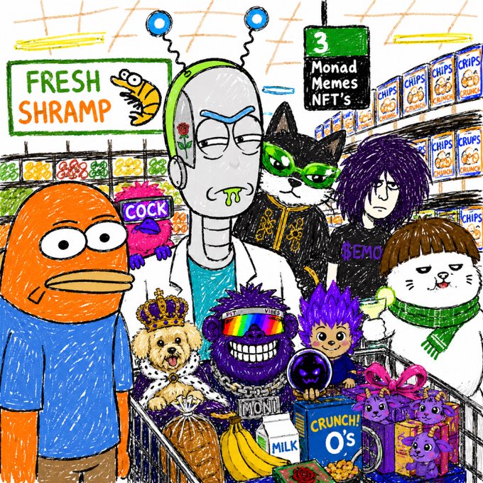 The image features a cartoon depiction of a shopping cart filled with various items, including bananas, milk, and cereal boxes. The cart also contains several people, some of whom are dressed as cartoon characters such as a robot, a dog, and a cat. These characters appear to be interacting with each other or the objects in the cart. The image is accompanied by a caption that reads "D.Y.O.R. treasure is stacking up, something must be coming idk... @EmonadCoin @PamPamMonad @BobMonad @Listsrrs @_cryptoking5 @BURNINGCHOG @monadmonicto @the10kSquad @sealuminati Oh yeah build it bruh…. Dyoor.netlify.app/build-droid #Monad #Memes #NFTs". The caption provides context for the image and its relation to a post about Monad coins, which is likely an attempt to promote or discuss the content of the image.