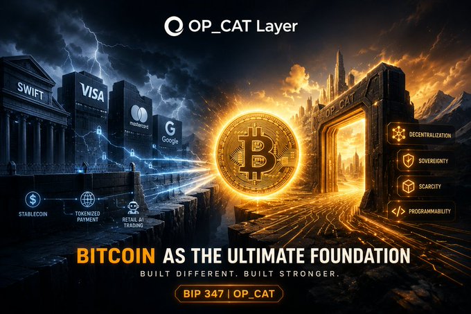 A dramatic Bitcoin promotional graphic for 'OP_CAT Layer' declaring 'BITCOIN AS THE ULTIMATE FOUNDATION,' contrasting traditional finance entities (SWIFT, VISA, Mastercard, Google) with Bitcoin's principles of decentralization, sovereignty, scarcity, and programmability, referencing BIP 347.