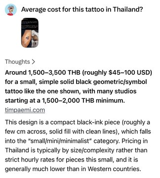 A screenshot of a social media response titled 'Average cost for this tattoo in Thailand?' explaining that a small black geometric/symbol tattoo like the one shown typically costs 1,500–3,500 THB ($45–100 USD), with simple designs starting at a 1,500–2,000 THB minimum, noting that Thai pricing is generally lower than in Western countries.