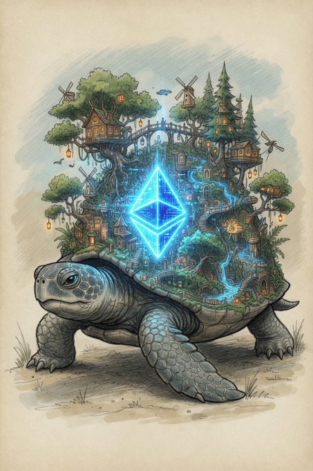 A fantasy illustration shows a giant tortoise carrying an elaborate tree-top village with houses, windmills, and waterfalls, centered around a glowing blue Ethereum (ETH) diamond logo.