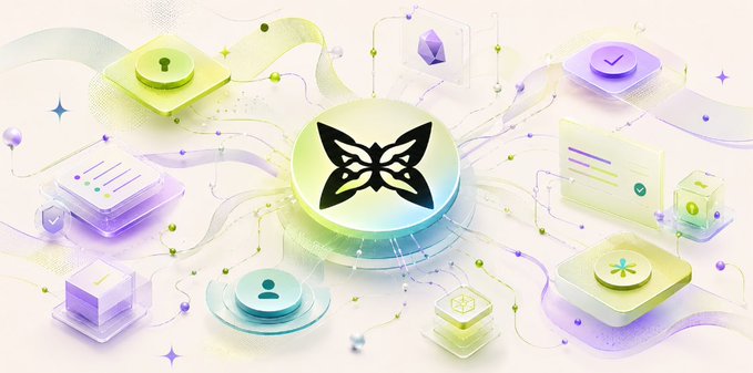 The image features a 3D rendering of a butterfly with a black outline, surrounded by various objects such as cubes, spheres, and other shapes. These elements are arranged in a way that creates an abstract representation of a network or system. The butterfly is positioned at the center of this network, which includes a variety of different shapes and colors surrounding it. The image also contains text that reads "At some point, a vault stops being just a vault. That'S part of what makes @quipnetwork interesting. Quipnetwork isnt limited to protecting assets. It can be used to coordinate participants, structure transactions, and support programmable settlement across the network".