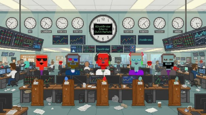 An illustration of a chaotic stock trading floor with cartoonish pixelated figures in red, blue, and teal, standing behind podiums with multiple world clocks (NY, LONDON, TOKYO, etc.) displayed on the wall above StockBroker monitors.