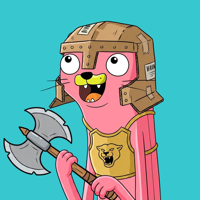 A cartoon illustration of a tall pink worm-like character wearing a cardboard box helmet and a yellow chest plate with a panther logo, holding a double-bladed axe.