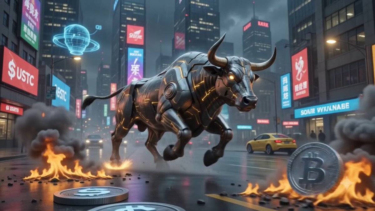 The image features a large bull statue with horns, surrounded by a cityscape of tall buildings and neon signs. The bull appears to be charging towards a car parked nearby, creating an intense scene. In the background, there are billboards advertising Bitcoin, which adds to the futuristic atmosphere of the image. The caption "$USTC is Pumping $LUNC is on the way to rise" suggests that the bull's charge could potentially lead to the cryptocurrency market rising or falling in value.

The combination of the bull statue and Bitcoin billboards creates a sense of tension, as if the bull represents a powerful force driving change in the financial world. The image captures this dynamic moment with the bull charging towards the car, symbolizing the rapid pace at which technology and finance are advancing.