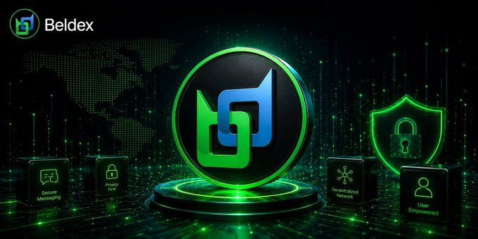 A promotional graphic for 'Beldex' featuring a glowing green and blue logo on a pedestal, surrounded by feature icons labeled 'Secure Messaging', 'Hassle Free', 'Decentralized Network', and 'User Empowered'.