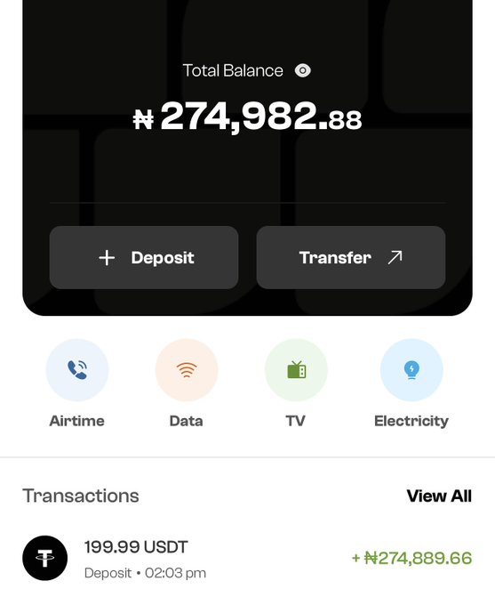 A mobile banking app interface displays a Total Balance of ₦274,982.88, with quick-action buttons for Deposit and Transfer, and service shortcuts for Airtime, Data, TV, and Electricity. Below, a recent transaction shows a 199.99 USDT deposit worth +₦274,889.66, tying into the post's message of moving funds into crypto to set aside spending money for the weekend.