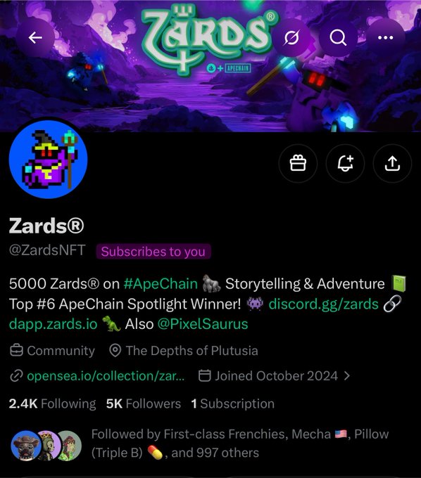 The image shows a Twitter/X profile page for "Zards®" (@ZardsNFT), which has 5K Followers and 1 Subscription, with the profile noting it "Subscribes to you." This relates to the post by expressing gratitude to @ZardsNFT for their resubscription, as the profile page visually confirms the reciprocal subscription relationship.