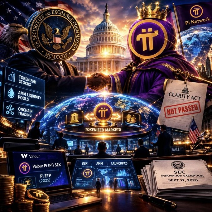 The image depicts an allegorical handshake between an SEC eagle and a crowned Pi Network figure atop the U.S. Capitol, symbolizing regulatory alignment, with surrounding text highlighting "TOKENIZED STOCKS," "AMM LIQUIDITY POOLS," "ONCHAIN TRADING," a "CLARITY ACT - NOT PASSED" document, and a stack of papers marked "SEC INNOVATION EXEMPTION - SEPT 17, 2026," visually tying Pi Network's infrastructure to the SEC's landmark tokenization framework.