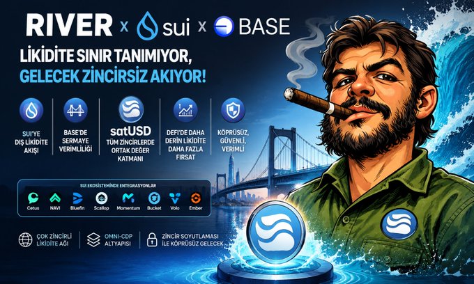 The image features a cartoon man with a beard holding a cigar, wearing a green shirt. The background of the image shows a bridge over water, which appears to be blue. The caption below the image reads "River x Sui ve Base hamleleri neden sadece bir entegrasyon değil, çok zincirli DeFi'nin geleceğine yönelik stratejik bir adım?".