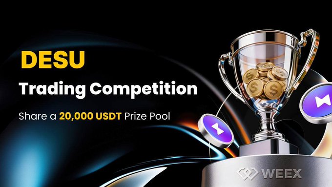 Promotional banner for a "DESU Trading Competition" on WEEX, featuring a silver trophy filled with gold coins and the WEEX logo, advertising a 20,000 USDT prize pool for trading the $DESU token from October 8-15.