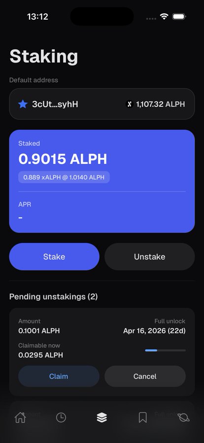 A mobile staking interface showing 0.9015 ALPH staked with a balance of 1,107.32 ALPH, including pending unstaking options.