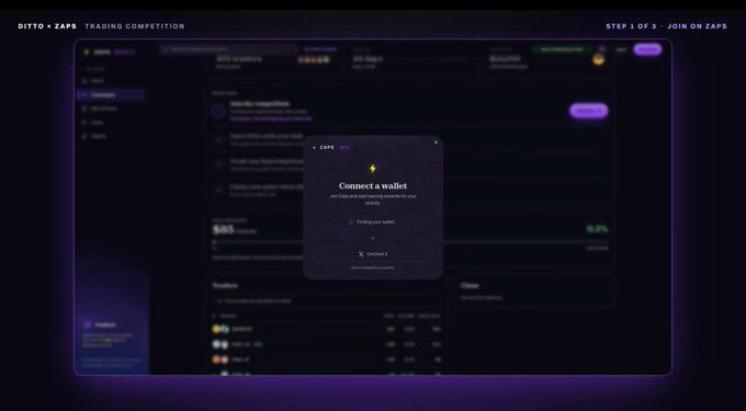 A DITTO trading competition interface prompts users to 'Connect a wallet' as step 3 of joining on Zaps.