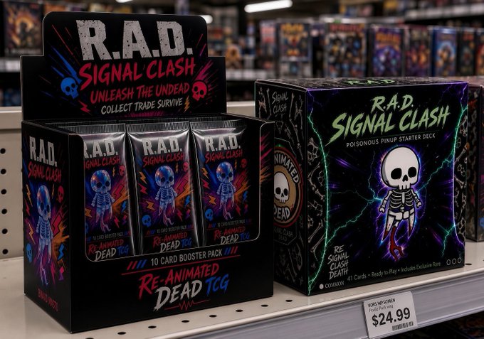 A retail display showcases "R.A.D. Signal Clash" trading card game products, including a $24.99 "Poisonous Pinup Starter Deck" box and a "Re-Animated Dead TCG" 10-card booster pack featuring vibrant skeleton artwork. The image ties to the post's announcement about pre-ordering the first starter set for the R.A.D. Signal Clash TCG, which will be made playable for Re-Animated Dead NFT holders.