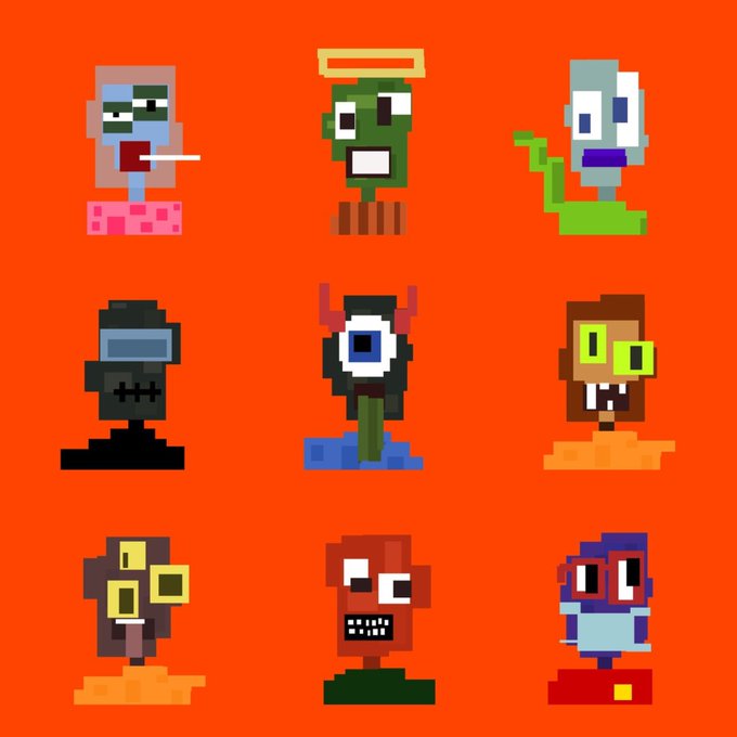 A 3x3 grid of pixel art characters with various designs and colors set against an orange background, including figures with glasses, a halo, and a plant-like creature.