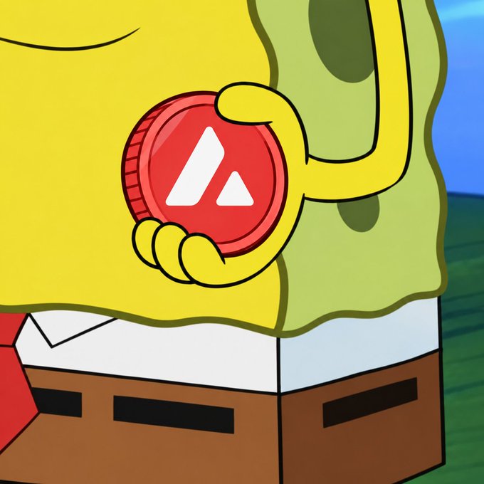 A cartoon character resembling SpongeBob holds a red coin featuring the Avalanche (AVAX) cryptocurrency logo.