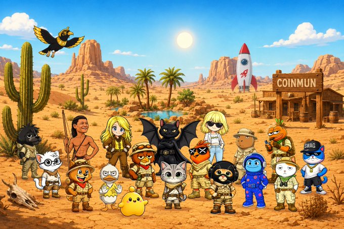 Colorful cartoon illustration of a desert scene featuring various NFT-style characters including cats, dogs, ducks, and human figures in explorer/adventurer outfits, set against a backdrop with cacti, rock formations, a small pond, a rocket ship, an eagle, and a wooden building labeled 'COINMUN'.