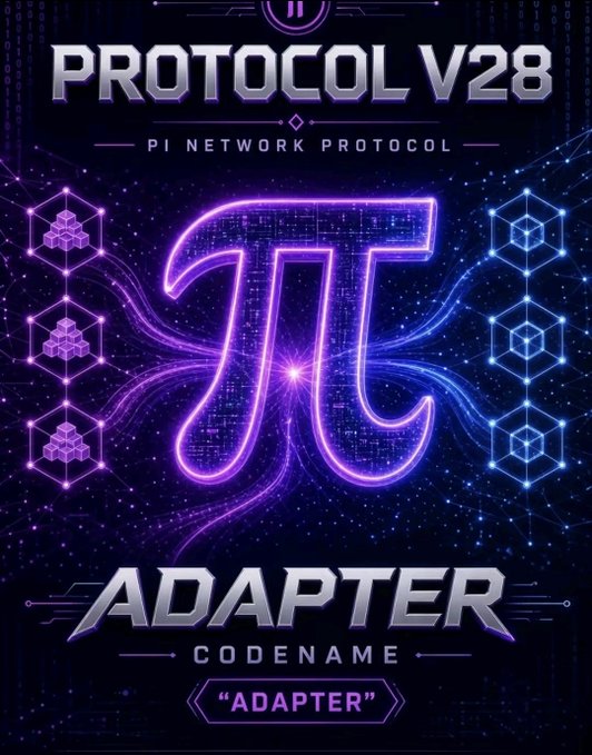 A futuristic neon graphic displaying "PROTOCOL V28" and "Pi NETWORK PROTOCOL" at the top, with a large glowing purple mathematical π symbol in the center framed by circuit-like hexagonal patterns, and "ADAPTER" with "CODENAME 'ADAPTER'" at the bottom—visually representing the Pi Network Protocol 28 "Adapter" infrastructure upgrade designed for developers and smart contract management.