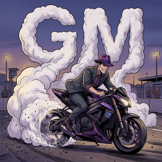 A cartoon man in a fedora suit does a smoky burnout on a black motorcycle labeled "GM," with the letters "GM" spelled out in the tire smoke against a dusk track backdrop—visually celebrating the General Motors "legends" post for Friday.
