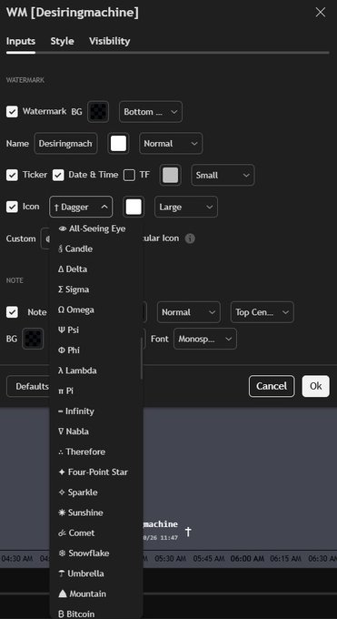 A settings menu interface for 'WM [Desiringmachine]' watermark configuration shows an open dropdown list of custom icons including Dagger, All-Seeing Eye, Candle, Delta, Sigma, Omega, Psi, Phi, Lambda, Pi, Infinity, and others.