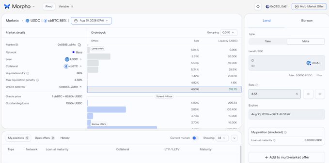 The image shows the Morpho interface displaying the USDC/cbBTC 86% lending market on Base network (Market ID: 0x0508...d4c) with an orderbook view showing 0.05% grouping, lend/borrow rates around 4.5-5%, and 80% LTV with 4.35% max liquidation penalty as of Aug 26, 2026. This relates to the post about Morpho Midnight's new orderbook lending feature, illustrating the platform where users can set custom lend/borrow offers on the orderbook, though the author notes lacking incentive to post orders yet until a callback mechanism is added to allow vault funds to be deployed while still earning yield.