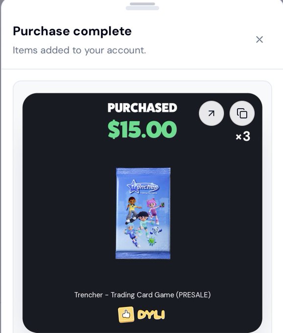 A 'Purchase complete' confirmation screen showing $15.00 (×3) spent on a 'Trencher - Trading Card Game (PRESALE)' digital item with a 'OYLU' logo.