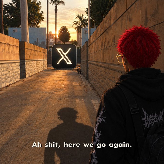 A stylized image showing a person with red hair viewed from behind, looking at a glowing X (formerly Twitter) logo down an alleyway, with the caption 'Ah shit, here we go again.'