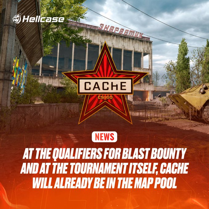 A promotional graphic from Hellcase features the CS:GO "Cache" map's iconic red star logo, displaying the news that "Cache will already be in the map pool" for the BLAST Bounty qualifiers and tournament, set against the map's recognizable abandoned industrial backdrop.