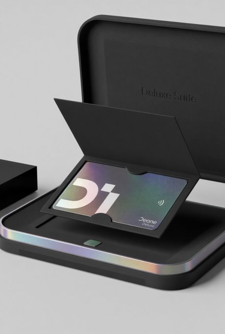 A sleek black case labeled 'Deluxe Suite' opens to reveal a holographic card with the number '01' and a contactless symbol, branded 'deome' in the card slot.