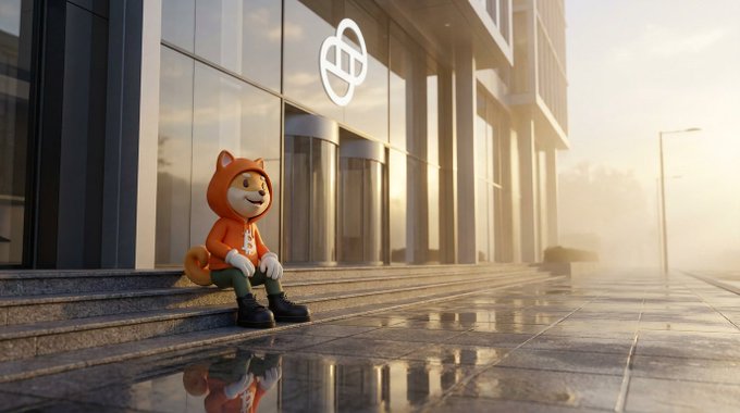 A 3D-rendered mascot character wearing an orange hoodie and red Bitcoin 'B' logo shirt sitting on the steps of a modern glass office building at sunset.