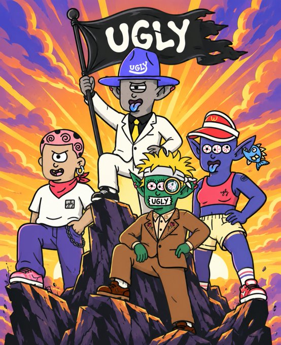 A colorful cartoon-style illustration of four quirky characters on a rocky peak under a sunset sky, with one holding a flag reading "UGLY".