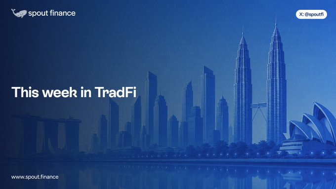 A blue-toned promotional graphic for Spout Finance (@spoutf) reading 'This week in TradFi' featuring a stylized city skyline with skyscrapers and the Sydney Opera House.