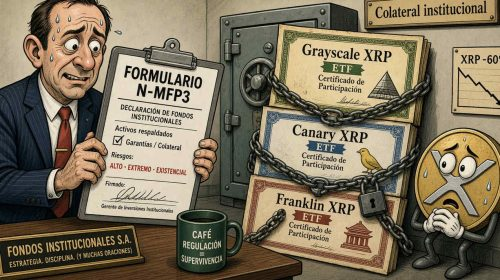 A cartoon illustration shows a sweating man in a suit holding a 'FORMULARIO N-MFP3' clipboard, surrounded by chained-up 'ETF' certificates labeled 'Grayscale XRP', 'Canary XRP', and 'Franklin XRP' under 'Collateral institutional', with a mug reading 'CAFÉ REGULACIÓN SUPERVIVENCIA'.