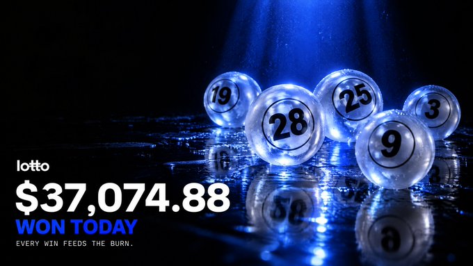 A lottery advertisement displays 'lotto $37,074.88 WON TODAY EVERY WIN FEEDS THE BURN' alongside illuminated blue lottery balls numbered 19, 25, 28, 9, and 3 on a reflective surface.