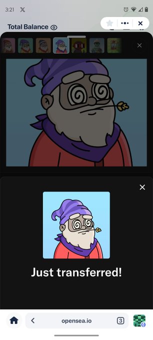 A mobile screenshot from OpenSea showing a 'Just transferred!' notification for a NFT depicting a dizzy-looking character in a purple beanie and red shirt, with swirly eyes and a rose in its mouth.