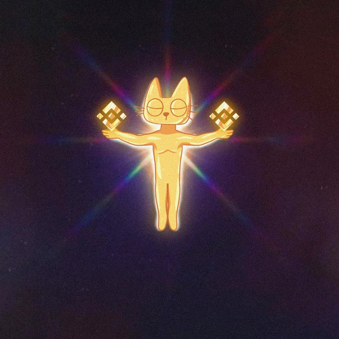 A glowing golden cat-like figure with raised arms against a dark background, resembling a religious or mystical icon.