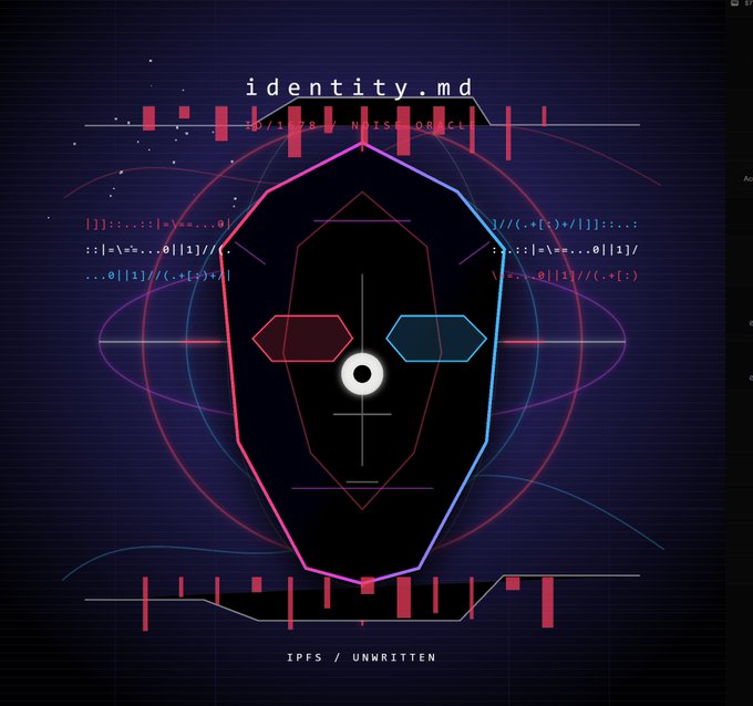 A dark, cyberpunk-themed digital graphic for 'identity.md' featuring a stylized geometric mask/face design surrounded by code and geometric patterns, labeled 'IPFS / UNWRITTEN'.