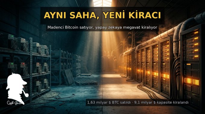 A Turkish-language promotional graphic titled 'AYNI SAHA, YENİ KİRACI' showing a split image of cryptocurrency mining hardware and server racks, with the CoinShares logo and text noting 1.63 billion $ worth of BTC sold and 9.1 million dollars in capacity rented.