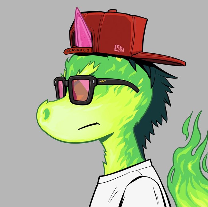 A cartoon illustration of a green reptilian character wearing a red cap with a pink spike, sunglasses with a lightning bolt, and a white shirt.